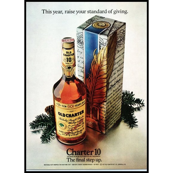 1978 Old Charter Bourbon Whiskey Vintage Print Ad Christmas Box Garland Wall Art - Picture 1 of 1